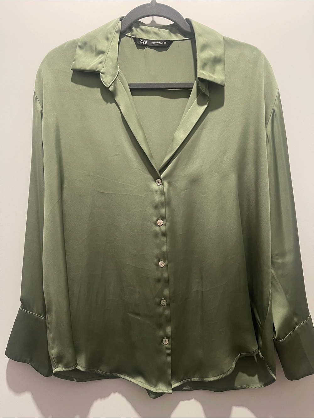 Zara Olive Green Satin Button-Down Shirt